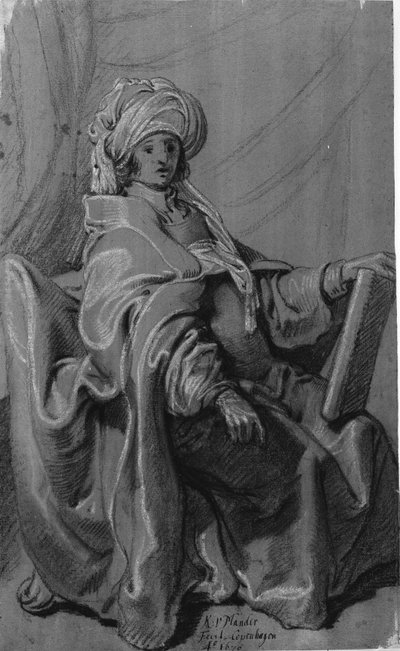 Seated Figure in a Robe and Turban, Holding a Book. Facing Right by Karel van III Mander