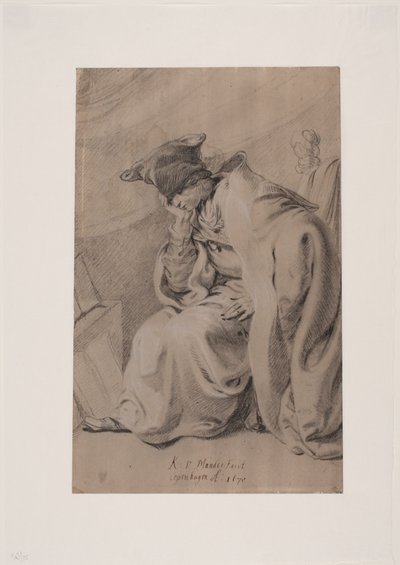 Thoughtful Young Man Sitting with Hand Under Chin. Cloak and Fur Hat by Karel van III Mander