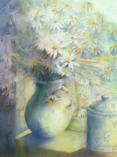 Asters - Snowsprite in Jug on Window Sill by Karen Armitage