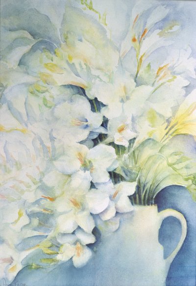 Freesia, Aurora and Ballerina in a White Jug by Karen Armitage