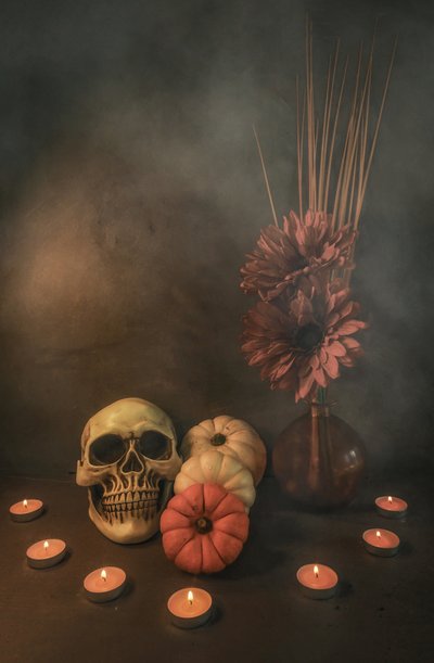 Candlelit Autumn Skull by Karen Smalley