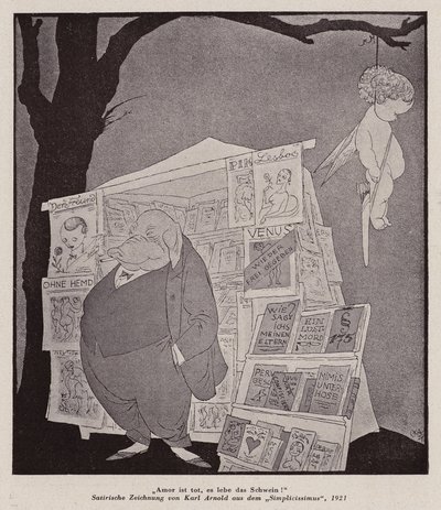 Cupid Hanging from a Tree Above a Street Kiosk Selling Pornography by Karl Arnold