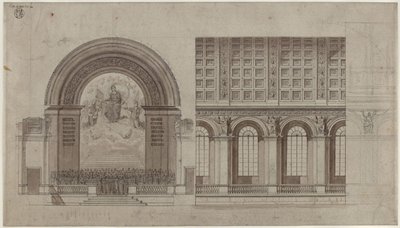 Berlin, Unter den Linden. Design for a Hall for the Singakademie in the Rear Wing of the Academy of Arts. Cross Section and Longitudinal Section by Karl Friedrich Schinkel