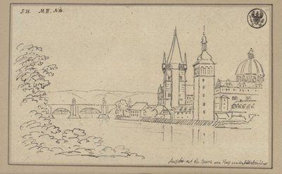 View of the Charles Bridge in Prague with the Old Town Bridge Tower and the Dome of the Church of the Crusaders by Karl Friedrich Schinkel