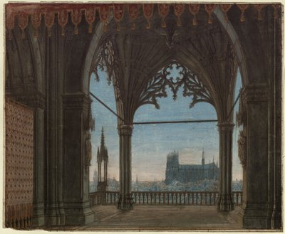 The Maid of Orleans. Tragedy by Friedrich Schiller. Design for the 8th Decoration. Gothic Hall with View of Reims by Karl Friedrich Schinkel
