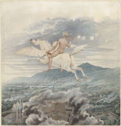 Female Figure Blowing Bubbles, as Allegory of Christian Peter Wilhelm Beuth, Riding Pegasus Over an Industrial City - 1837 by Karl Friedrich Schinkel