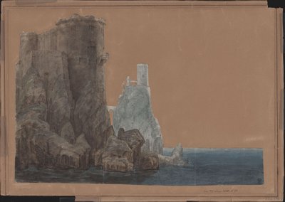 King Yngurd. Tragedy by Adolf Müllner. Design for the 4th set. Tower with the Gate of Death by the sea by Karl Friedrich Schinkel