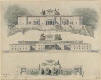 Schloss Orianda on the Crimea. Antique Design. Elevation of the Sea and Land Side, Section through the Imperial Court with the Museum of Crimea and the Crowning Temple by Karl Friedrich Schinkel