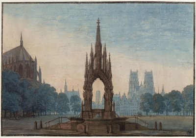 Undine. Opera by E. T. A. Hoffmann. Design for the 3rd Decoration. Marketplace with Fountain by Karl Friedrich Schinkel