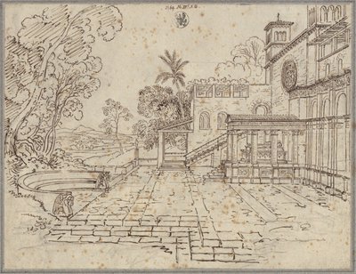 Forecourt in Front of a Church with a Monument by Karl Friedrich Schinkel