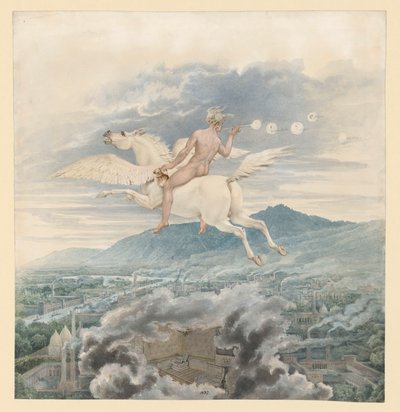 Female Figure (Soap Bubble Blower) as Allegory of Christian Peter Wilhelm Beuth, Riding Pegasus over an Industrial City by Karl Friedrich Schinkel