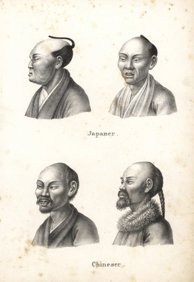 Busts of Japanese men with chonmage topknot hairstyle, and Chinese men with beards, one with pigtail (Lithograph by Karl Joseph Brodtmann from Heinrich Rudolf Schinz