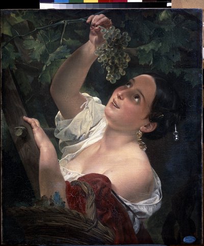 Italian Midday. Young Woman with Bare Shoulder Picking a Bunch of Grapes by Karl Pavlovich Bryullov