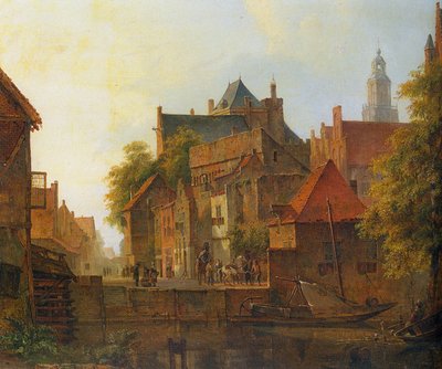 View of a Town with a Blacksmith at Work on a Quay by Kaspar Karsen