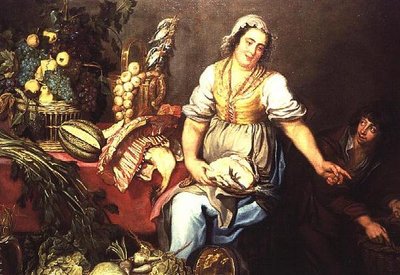 Kitchen Still Life with Fruit, Vegetables and a Girl Holding a Chicken by Kasper or Gaspar van den Hoecke