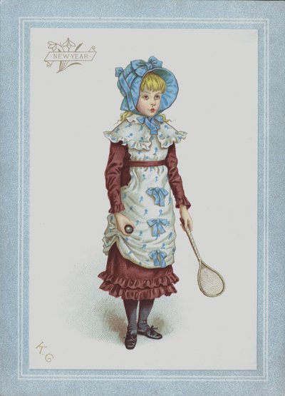 Girl in dress and bonnet, holding shuttlecock and racket by Kate (after) Greenaway