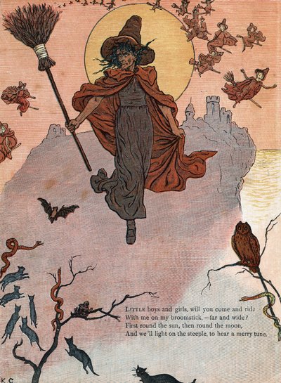 A witch and her broom surrounded by black cats, bat and owl. (Little boys and girls, will you come and ride with me on my broomstick?) Illustration from the book of tales and nursery rhymes for children “Under The Window” by Kate Greenaway