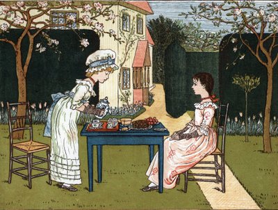 Time of the day: two young girls tasting it in a garden. Illustration from the book of tales and nursery rhymes for children “Under The Window” (1879), edited by Edmund Evans by Kate Greenaway