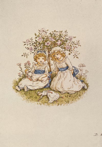 Two Girls with Dolls Sitting Under a Rose Bush by Kate Greenaway
