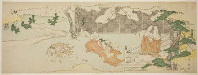 Court Ladies on a Balcony Watching a Woman and a Girl Chasing a Man in the Yard under Blossoming Cherry Trees by Katsukawa Shun