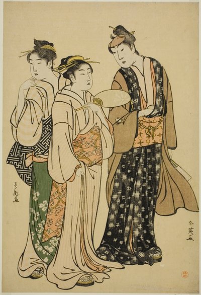 The Actor Iwai Hanshiro IV in Street Attire Conversing with Two Women by Katsukawa Shun