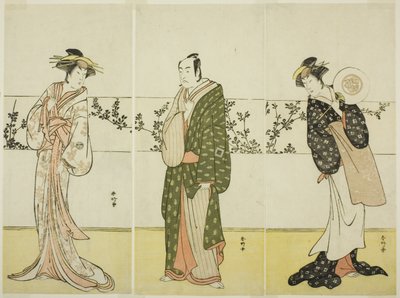 The Actors Osagawa Tsuneyo II, Ichikawa Monnosuke II, and Segawa Kikunojo III, Possibly as Misao Gozen, Matsuya Soshichi, and the Courtesan Kojoro of Hakata, in the Play Beginnings of Eternity: The Ondo by Katsukawa Shunkо̄