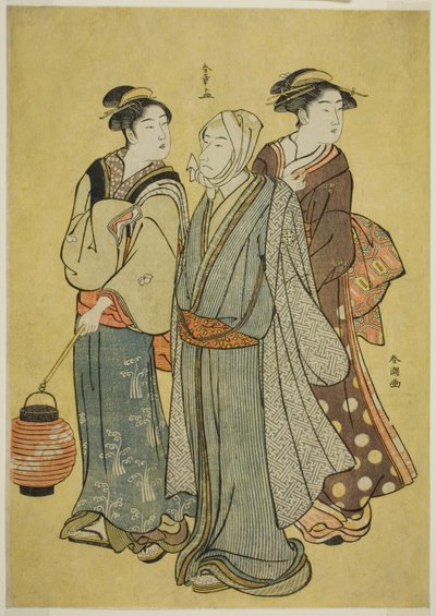 A Young Man Dressed as an Actor of the Ichikawa Family, a Maid and a Geisha by Katsukawa Shunsho