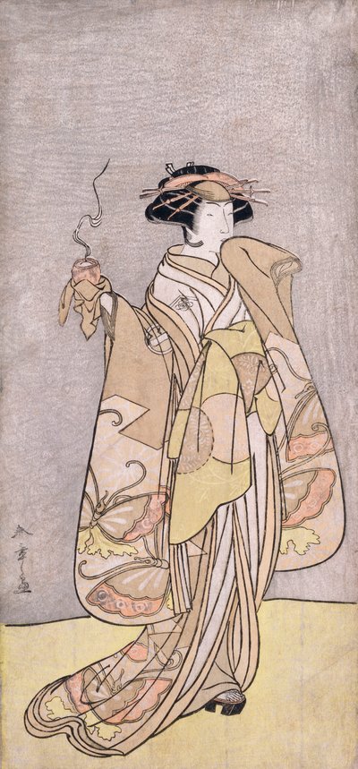 A Full-Length Portrait of the Actor Ichikawa Monnosuke II in a Female Role Holding an Incense Burner by Katsukawa Shunsho