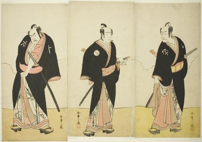 Actors Ichikawa Danjūrō V as Gokuin Sen’emon, Bandō Mitsugorō I as An no Heibei, and Nakamura Sukegorō II as Kaminari Shōkurō in “A Soga Drama on the First Festival Day in the Pleasure District” by Katsukawa Shunsho
