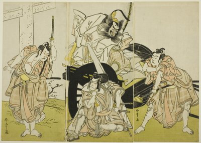Actors Nakajima Mihoemon II as Fujiwara no Shihei, Ichikawa Ebizō III as Matsuo-maru, Ichikawa Yaozō II as Sakura-maru, and Ichimura Uzaemon IX as Umeo-maru in “Sugawara’s Secrets of Calligraphy” by Katsukawa Shunsho