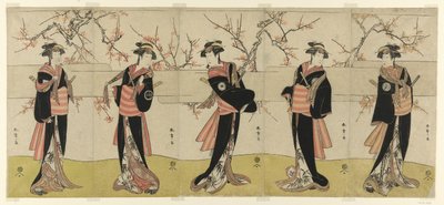The Actors Segawa Kikunojo III as Karigane Obun, Nakayama Tomisaburo I as An no Oyasu, Iwai Kiyotaro II as Kaminari no Osha, Nakayama Tatezo I as Gokuin no Osen, and Ichikawa Monnosuke II as Hotei no Oichi, in 