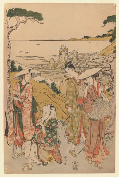 A Company of Pilgrims from Yedo Outside a Tea House on the Hills Behind the Beach of Futami Admiring the View by Katsukawa Shunzan