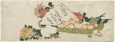 Basket with Fan, Chrysanthemums, and Mushrooms by Katsushika Hokusai