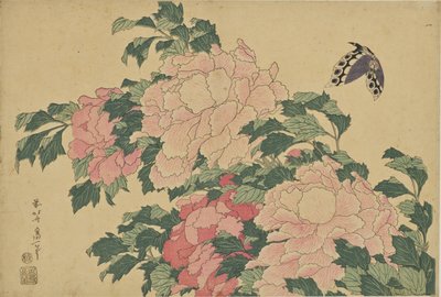 Butterfly and Peonies by Katsushika Hokusai