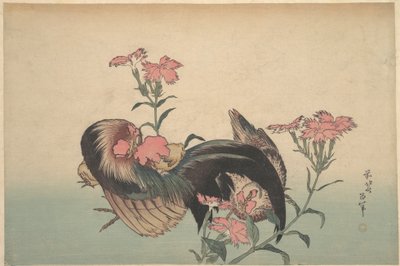 Cock, Hen, and Nadeshiko (Dianthus Superbus) by Katsushika Hokusai
