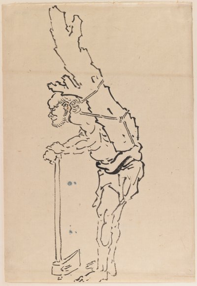 Drawing of a man resting on an axe and carrying part of a tree trunk on his back by Katsushika Hokusai