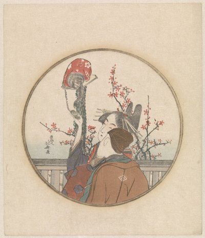 Couple with Monkey and Blossom Branch by Katsushika Hokusai