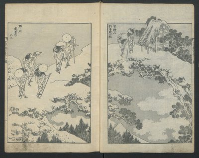 Mount Fuji under a Bridge left, Mount Fuji behind a Net right, from One Hundred Views, ca. 1847 by Katsushika Hokusai