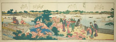 Pages from the illustrated book "Panoramic Views along the Banks of the Sumida River" by Katsushika Hokusai