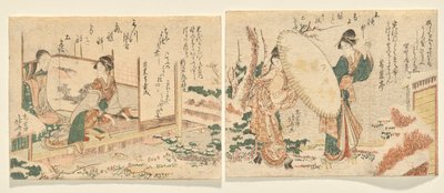 Snowy Morning: Two Women Walk in a Snow-Covered Garden in Snow-Geta with an Umbrella; Young Woman Plays the Koto and Looks at Her Mother by Katsushika Hokusai