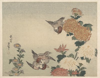 Sparrows and Chrysanthemums by Katsushika Hokusai
