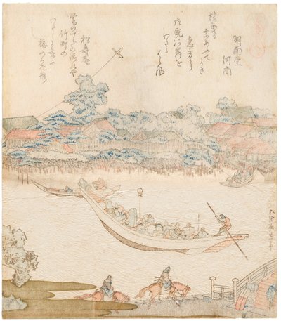 The banks of the Sumida river, Komatomeishi. Triptych from the series Umazukushi, Central part, 1822 by Katsushika Hokusai