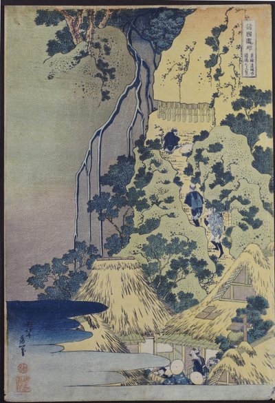 Travellers Climbing up a Steep Hill to Pay Homage to a Kannon Shrine in a Cave by the Waterfall by Katsushika Hokusai