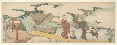 Two Women and a Boy on Boardwalk by Katsushika Hokusai