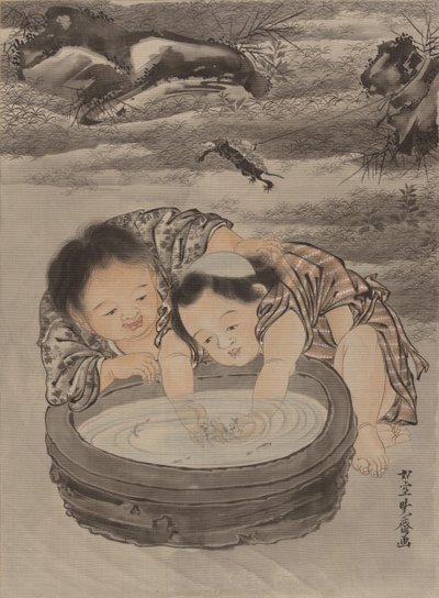 Two Children Playing with Goldfish by Kawanabe Kyosai