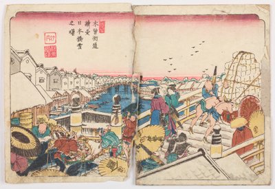 Nihon-bashi Bridge in Snowy Morning, Plate 1 from the Series: Kisokaido Road / Kisokaido rokujuku zugi by Keisai Eisen