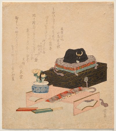 Still Life with a Ceramic Stroking Ox (Nade-ushi) by Keisai Eisen