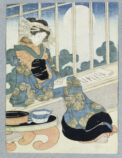 Japanese Lady Reading by Moonlight by Keisai Yeisen