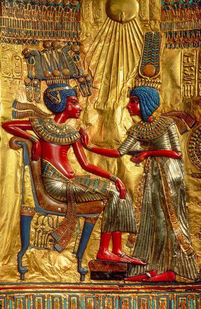 Detail of figures on interior back of the gold throne depicting Tutankhamun and his wife, Egypt, 2009 by Kenneth Garrett