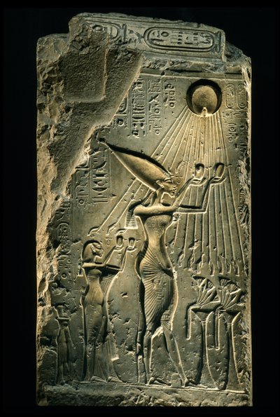 Stele depicts Akhenaten, Nefertiti and daughter with hands raised to god Aten, Amarna by Kenneth Garrett